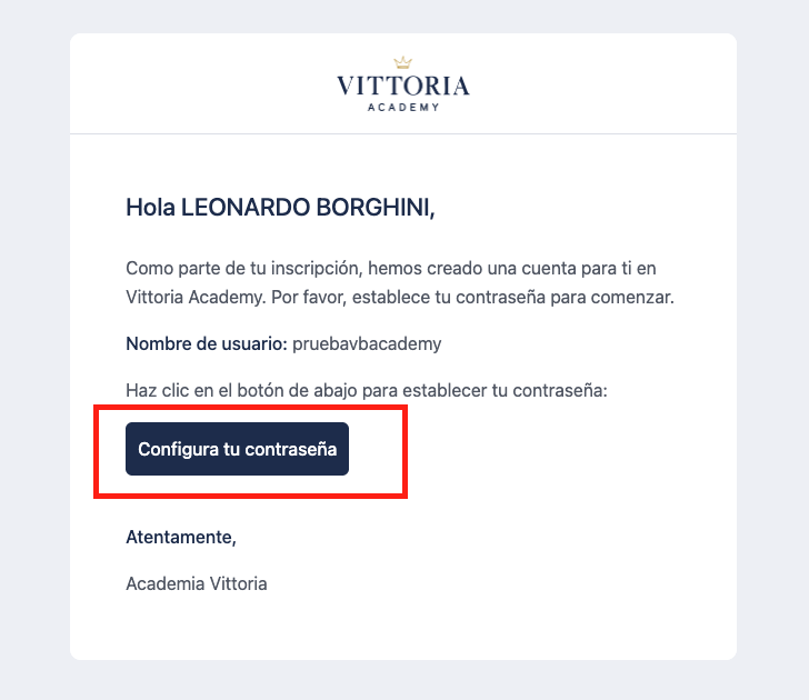 Correo de Vittoria Academy para configurar la contraseña de una cuenta nueva
