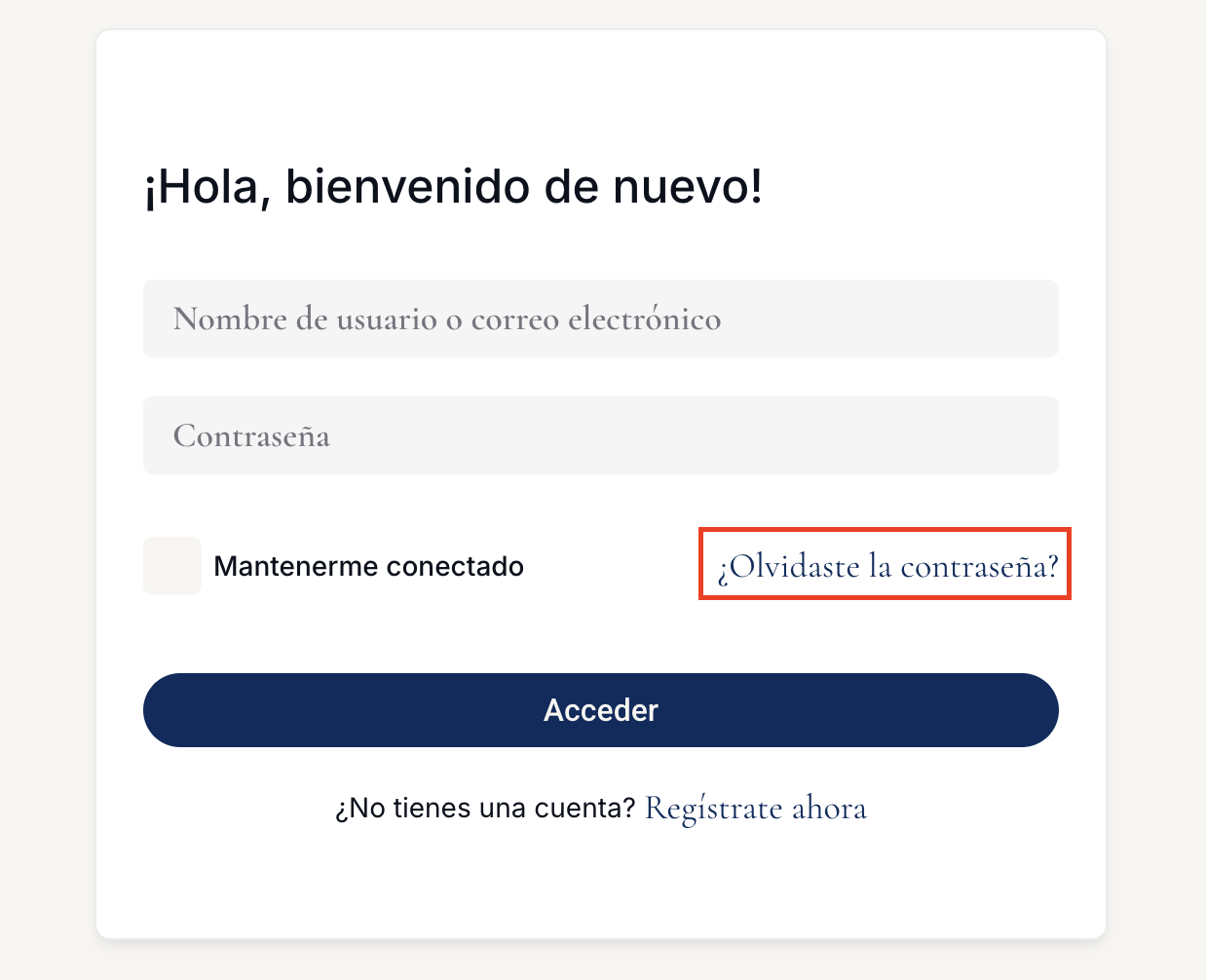Enlace ¿Olvidaste tu contraseña? en el inicio de sesión de Vittoria Academy