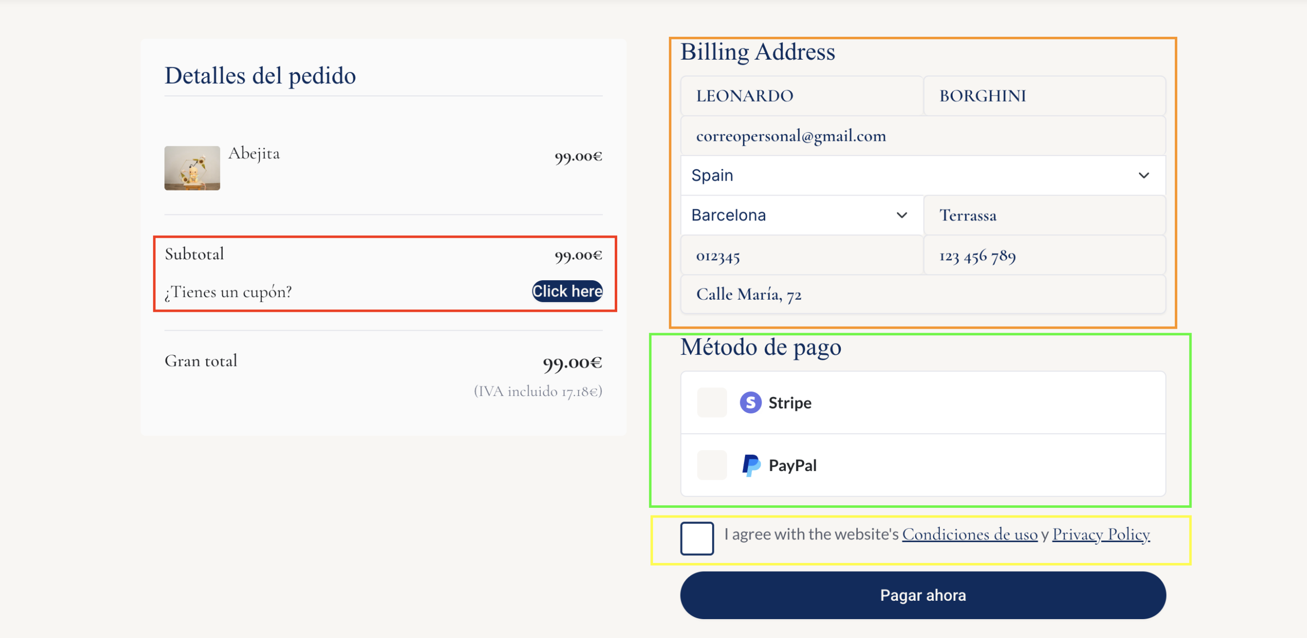 Checkout con cupón, facturación, métodos de pago y condiciones señalados